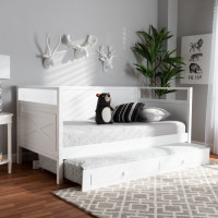 Baxton Studio Cintia-White-Daybed-T Cintia Cottage Farmhouse White Finished Wood Twin Size Daybed with Trundle